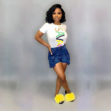 Letter Print Short Sleeve O Neck T Shirt Tops SHD-9159