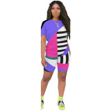 Plus Size Geometric Striped Casual Two Piece Shorts Set ASL-6263