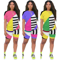 Plus Size Geometric Striped Casual Two Piece Shorts Set ASL-6263