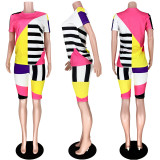 Plus Size Geometric Striped Casual Two Piece Shorts Set ASL-6263