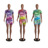 Plus Size Tie Dye Letter Print Two Piece Shorts Set CHY-1225