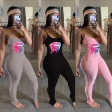 Lips Print Sleeveless Straps Stacked Jumpsuits CHY-1230