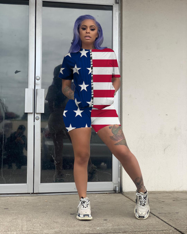 Plus Size America Flag Printed Two Piece Shorts Set SHD-9254