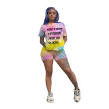Plus Size Tie Dye Letter Print Two Piece Shorts Set CHY-1225