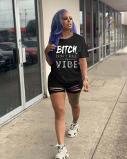 Plus Size Letter Print Hole Two Piece Shorts Set NM-8203