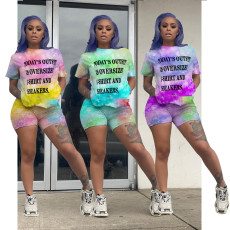 Plus Size Tie Dye Letter Print Two Piece Shorts Set CHY-1225