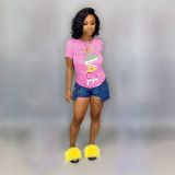 Letter Print Short Sleeve O Neck T Shirt Tops SHD-9159