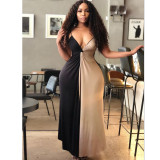 Contrast Color Sexy Deep V Spaghetti Strap Maxi Dress NIK-029-1