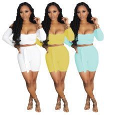 Sexy Slash Neck Long Sleeve Two Piece Shorts Set BS-1185