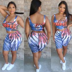 Plus Size Tie Dye Letter Tank Top Shorts 2 Piece Sets CQ-006