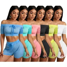 Solis Slash Neck Drawstring Two Piece Shorts Set HM-6313
