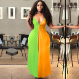 Contrast Color Sexy Deep V Spaghetti Strap Maxi Dress NIK-029