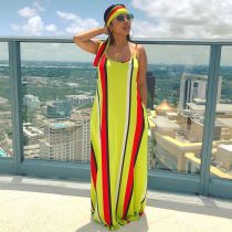 Colorful Stripe Loose Maxi Slip Dress With Headscarf BS-1187