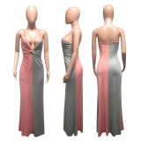 Contrast Color Sexy Deep V Spaghetti Strap Maxi Dress NIK-029-1