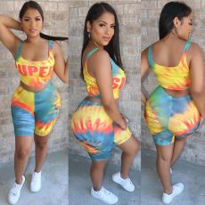 Plus Size Tie Dye Letter Tank Top Shorts 2 Piece Sets CQ-006