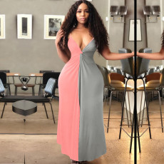Contrast Color Sexy Deep V Spaghetti Strap Maxi Dress NIK-029-1