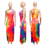 Tie Dye Print Sleeve Long Maxi Tank Dress NIK-126