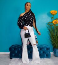 Sexy Polka Dot One Sleeve Oblique Neck Tops OD-8355