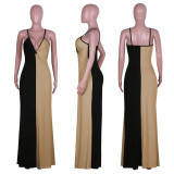 Contrast Color Sexy Deep V Spaghetti Strap Maxi Dress NIK-029-1