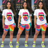Plus Size Printed T Shirt Shorts Two Piece Suit TE-4031
