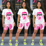 Plus Size Printed T Shirt Shorts Two Piece Suit TE-4031