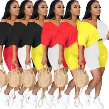 Contrast Color V Neck Two Piece Shorts Set WY-6657