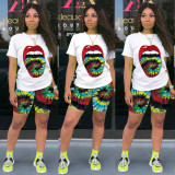 Plus Size Printed T Shirt Shorts Two Piece Suit TE-4031