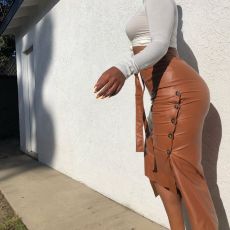 Brown Sexy Split Mid-length Slim Strappy Skirt LSL-6347