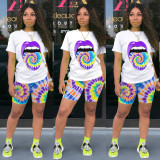 Plus Size Printed T Shirt Shorts Two Piece Suit TE-4031