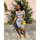 Solid Short Sleeve Ruched Skirt Two Piece Sets ASL-6268