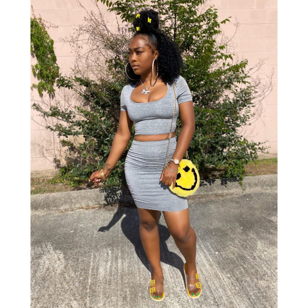 Solid Short Sleeve Ruched Skirt Two Piece Sets ASL-6268