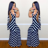 Sexy Black White Stripe Backless Maxi Dress LSL-6348