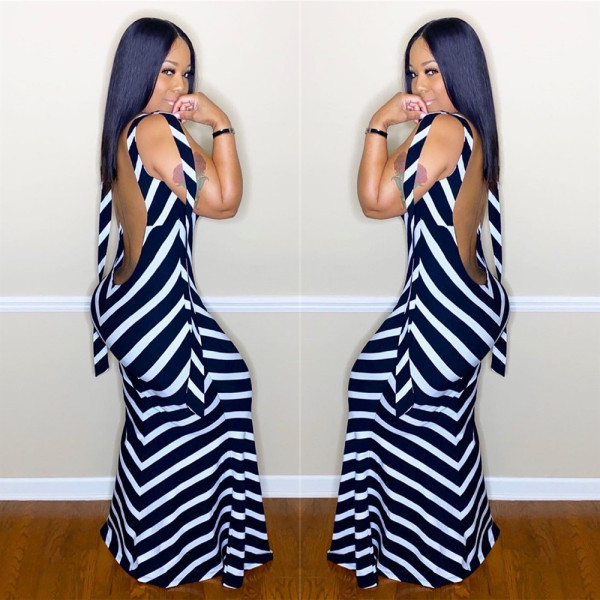 Sexy Black White Stripe Backless Maxi Dress LSL-6348