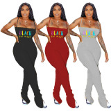 Plus Size Letter Print Spaghetti Strap Stacked Jumpsuits SHD-9251