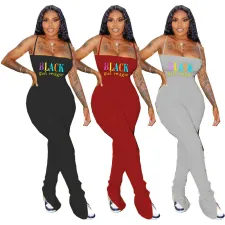Plus Size Letter Print Spaghetti Strap Stacked Jumpsuits SHD-9251