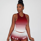 Gradient Letter Tank Top Shorts Fitness 2 Piece Sets ASL-6262