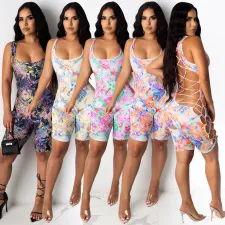 Sexy Tie Dye Print Hollow Out Sleeveless Playsuit AL-180