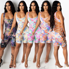 Sexy Tie Dye Print Hollow Out Sleeveless Playsuit AL-180