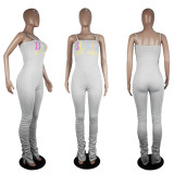 Plus Size Letter Print Spaghetti Strap Stacked Jumpsuits SHD-9251