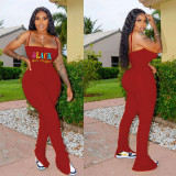 Plus Size Letter Print Spaghetti Strap Stacked Jumpsuits SHD-9251