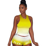 Gradient Letter Tank Top Shorts Fitness 2 Piece Sets ASL-6262