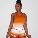 Gradient Letter Tank Top Shorts Fitness 2 Piece Sets ASL-6262