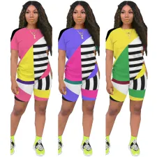 Plus Size Geometric Striped Casual Two Piece Shorts Set ASL-6263-1