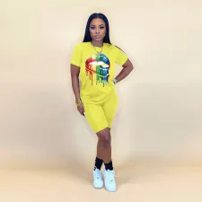 Lip Print T Shirt Casual Shorts Two Piece Set WAF-5113