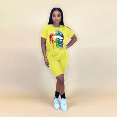 Lip Print T Shirt Casual Shorts Two Piece Set WAF-5113