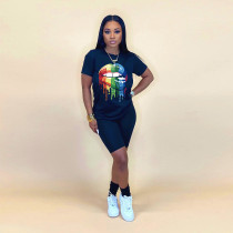 Lip Print T Shirt Casual Shorts Two Piece Set WAF-5113