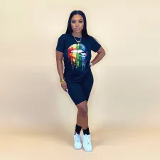 Lip Print T Shirt Casual Shorts Two Piece Set WAF-5113