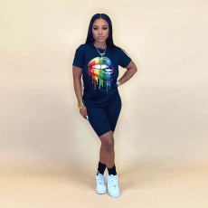 Lip Print T Shirt Casual Shorts Two Piece Set WAF-5113