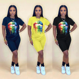 Lip Print T Shirt Casual Shorts Two Piece Set WAF-5113