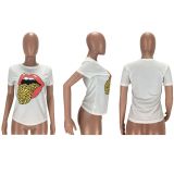 Tongue Print Casual Short Sleeve O Neck T Shirt LM-8151